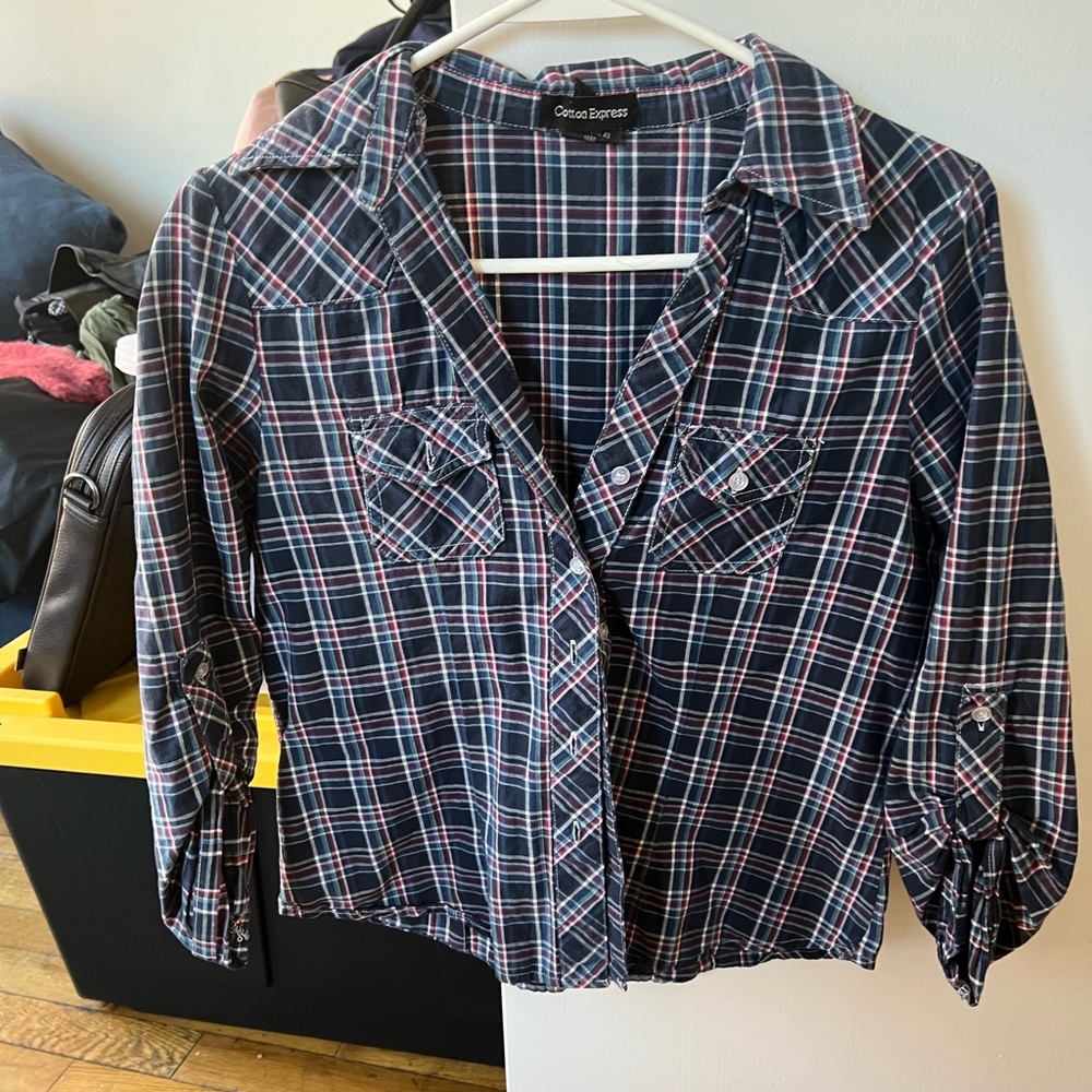 Dark blue with red accent plaid top size L